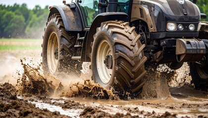 Powerful Tractor Wheels Splashing Through Mud on Farmland Agricultural Vehicle in Action