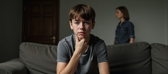 An upset teenager sits on a sofa with a concerned-looking mother nearby