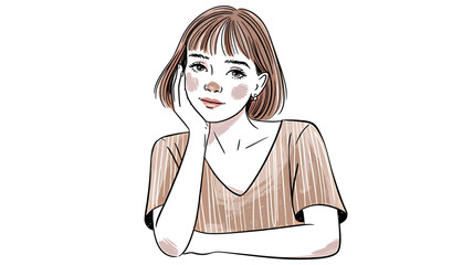 Hand drawn girl resting her head on hand with thoughtful expression in casual clothes
