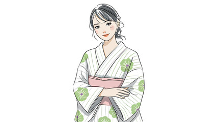 Illustration of woman wearing traditional japanese kimono with calm expression and folded arms
