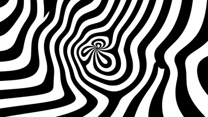 Swirling black and white pattern creates optical illusion with dynamic, wavy lines, forming a hypnotic and abstract, high-contrast visual experience