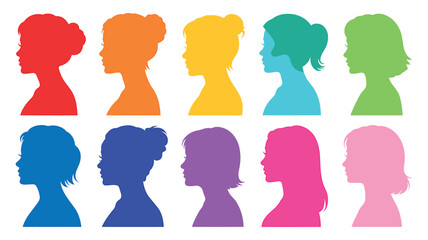 Colorful female profile silhouette collection showing different hairstyles and head shapes
