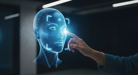 A hand touches a blue ai face with a square frame around the head in a dark room isolated on white background, tarensparent background, png, jpg,jpeg, on transparent background