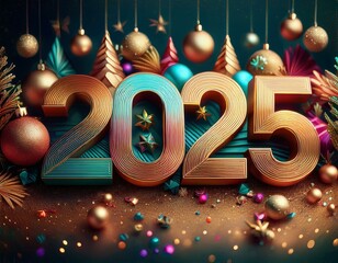 New Year 2025 card in glamorous style. Red background. golden christmas background. High quality photo