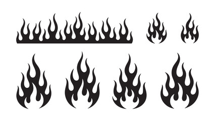 Black flame icon set in silhouette style showing fire shapes and burning symbols
