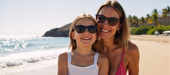 Mother-daughter duo sporting sunglasses bask in bliss at Terresitas Beach Tenerife
