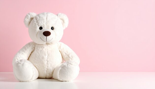 Adorable White Teddy Bear Sitting Against a Pink Background Perfect for Children's Room Decor or Baby Shower Invitation - Powered by Adobe