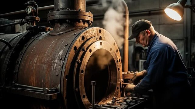Industrial Worker Maintaining Vintage Steam Engine