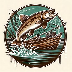 Rustic Fishing Boat Leaping Trout