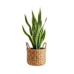Floating snake plant in rattan basket on transparent background 
