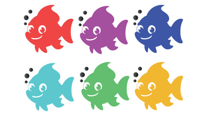 Colorful cartoon fish silhouettes with playful expressions and air bubbles in vector style
