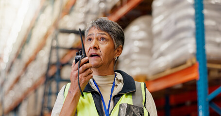 Woman, radio and talk at warehouse for logistics, stress or package with solution for global...
