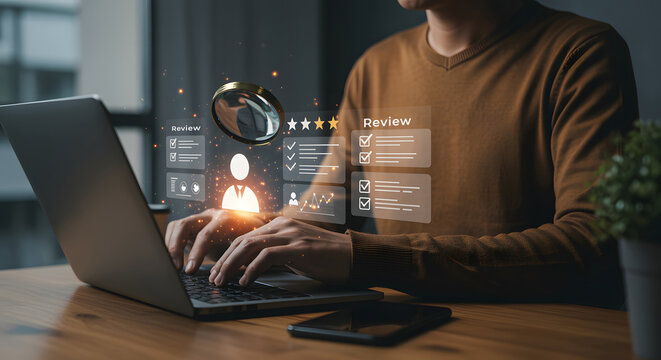 Person using laptop, with glowing digital overlays showing a magnifying glass over a profile icon and check lists, signifying online reputation management and review monitoring for business.