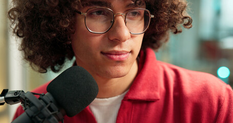 Man, thinking and mic in studio for broadcast update, podcast recording and ideas of talk show....