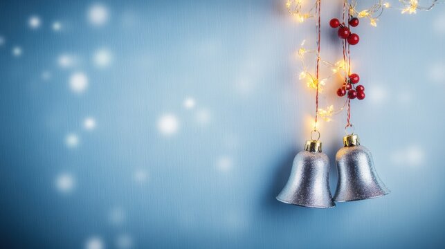 Holiday decorations with silver bells and glowing lights on blue background