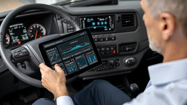 Driver analyzes performance data on a tablet in a modern vehicle during a daytime journey - Powered by Adobe
