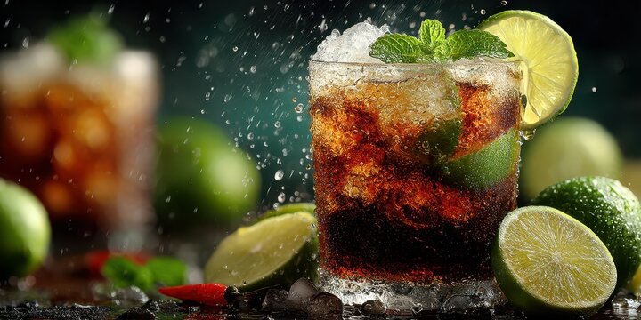 Refreshing drink with ice, lime, and mint surrounded by fresh limes on a dark surface