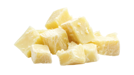Rough chunks of aged Manchego cheese with rind isolated on transparent background 