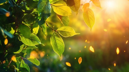 Fototapeta premium Sunlight filtering through vibrant green leaves during a serene evening