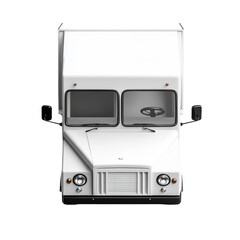 Front view of a white delivery truck, showcasing its simple design and functional features in a clean, neutral setting. on transparent background