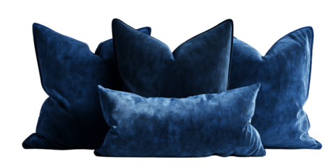 Blue velvet cushions, various sizes. Home decor, interior design.