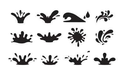 Black Water Splash and Drop Silhouette Vector Set. Liquid Icons and Wave Elements. Victor illustration eps 10
