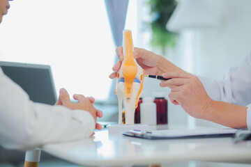 A physical therapist examines a patient's knee injury using a model to demonstrate the patient's...
