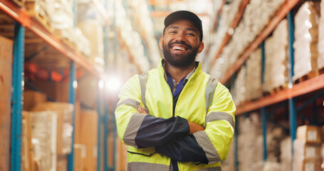 Portrait, supply chain engineer and man with arms crossed, factory and pride for logistics or smile. Flare, supplier and person in warehouse for project management, shipping and confident for stock