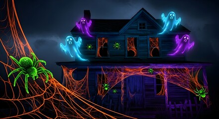Haunted house with glowing spiderweb, neon spiders, and floating ghosts. Spooky autumn display for Halloween night holiday.