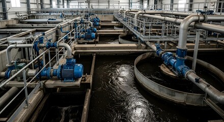 Waste water treatment plant with pipelines and pumps, processing dirty water for purification. Industrial facility for ecological and environmental concept.