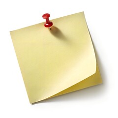 Blank Yellow Sticky Note Pad with Red Push Pin Isolated on White Background