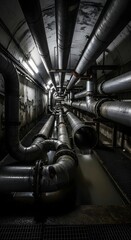 Large metal pipes with flowing water inside a dark urban tunnel. Industrial infrastructure for water management and utility.