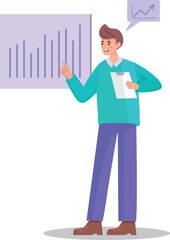 The man standing in front of the chart analyzes the sales growth