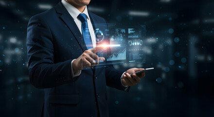 A businessman in a suit interacts with a futuristic holographic interface displaying charts, graphs, and data analytics, showcasing modern business technology and data analysis.