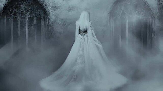 Elegant ghost bride with long white hair and trailing dress walking through fog in gothic architecture, creating a mysterious and haunting atmosphere