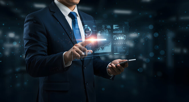 A businessman in a suit interacts with a futuristic holographic interface displaying charts, graphs, and data analytics, showcasing modern business technology and data analysis.