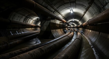 Underground concrete tunnel with large rusty pipes and flowing water. Industrial infrastructure utility conduit with lighting.