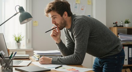 Young man thinking while working on a laptop at home office desk  