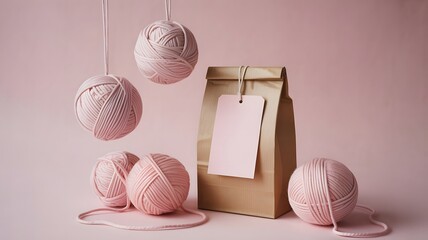 Pink Yarn Balls with Gift Bag and Tag on a Pink Background
