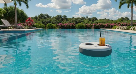 Refreshing drink on floating tray in luxurious pool under sunny skies  