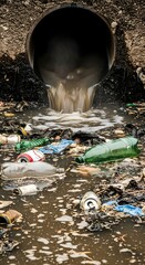 Sewer pipe discharging sewage into a polluted canal with garbage. Environmental pollution concept for copy space.