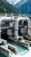 Hydropower plant featuring large pipes and water flowing, demonstrating a renewable energy source for sustainable power generation.