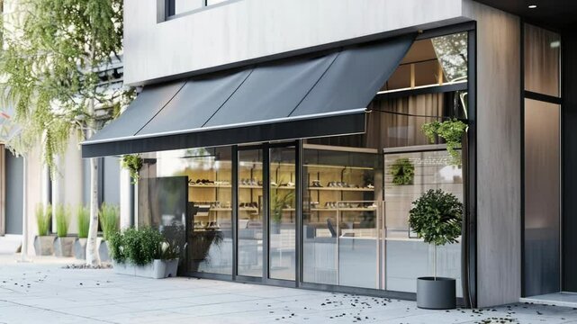 Urban scene with a storefront featuring a black awning and possibly used for business or street art