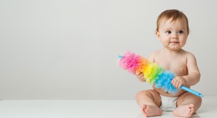 Fototapeta premium Baby sitting on table holding colorful toy in bright indoor space 