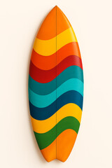 Colorful striped surfboard with a retro vintage design on a white wall