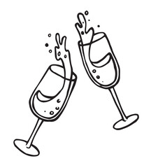 festive glasses of champagne with splashes. vector illustration in doodle style. celebration, new year, wedding	