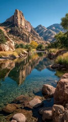 Scenic mountain landscape with calm river and rocky formations in autumn by midday