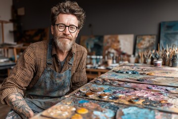 Man mixing paint, focused and serious, in artist studio, soft natural light illuminating renovation process. Concept of man mixing paint in creative environment, showcasing craftsmanship.