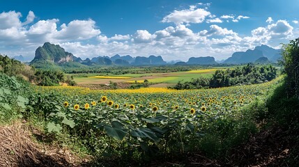 Wide-angle photo of Thailand’s sunflower fields in Saraburi