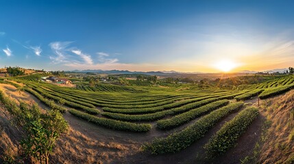 Wide-angle capture of Ban Rak Thai tea plantation